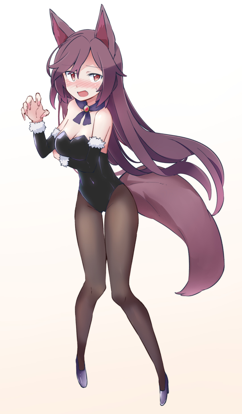 1girl absurdres animal_ears black_legwear black_leotard blush brown_eyes brown_hair commentary_request detached_sleeves fang fingernails full_body gradient gradient_background grey_footwear high_heels highres imaizumi_kagerou leotard long_fingernails long_hair open_mouth pantyhose solo tail touhou wolf_ears wolf_tail yutamaro