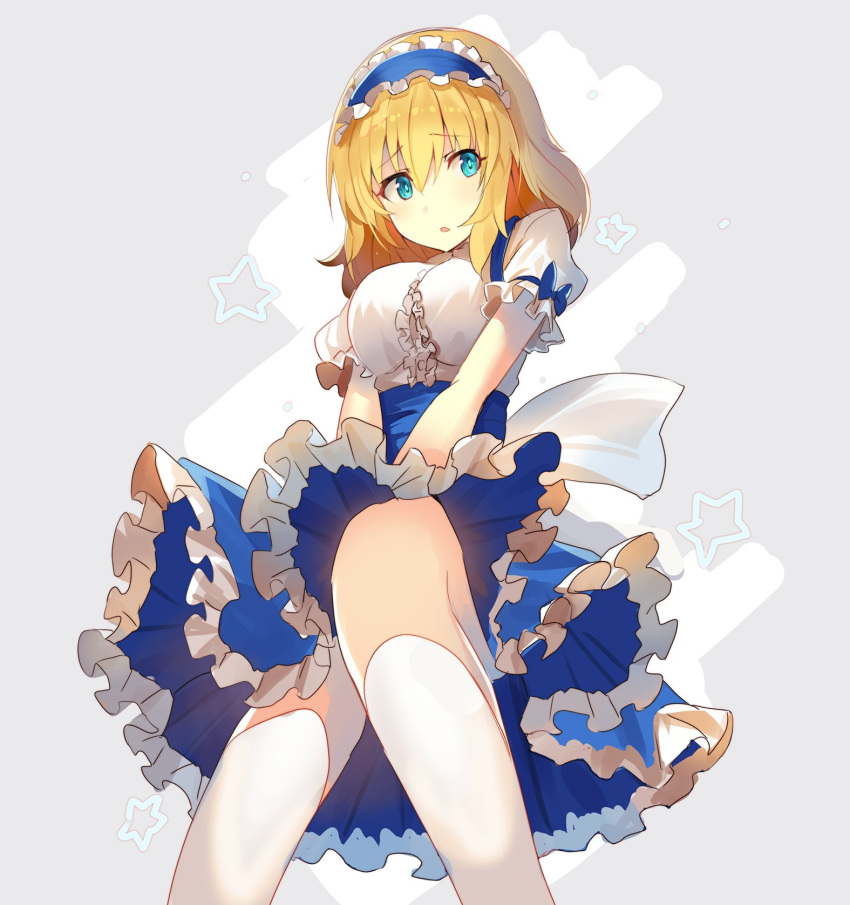 1girl alice_margatroid alice_margatroid_(pc-98) aqua_eyes bangs blonde_hair blue_bow blue_hairband blue_skirt blush bow breasts buttons commentary eyebrows_visible_through_hair eyes_visible_through_hair falken_(yutozin) frilled_hairband frills grey_background hair_between_eyes hairband highres kneehighs large_breasts looking_to_the_side one-hour_drawing_challenge open_mouth puffy_short_sleeves puffy_sleeves shirt short_hair short_sleeves sitting skirt solo star_(symbol) touhou touhou_(pc-98) white_background white_bow white_legwear white_shirt