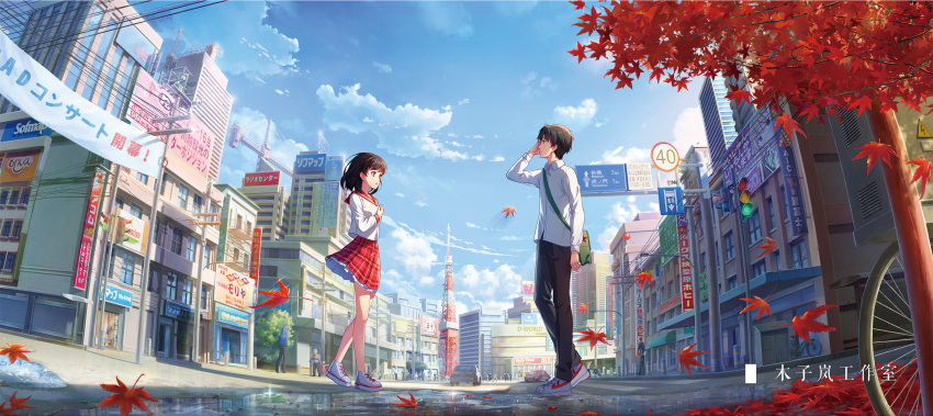1boy 1girl artist_name bag banner bicycle black_hair black_pants blue_eyes boots brown_eyes building chinese_commentary chinese_text city cityscape closed_mouth commentary_request dress_shirt ground_vehicle handbag highres hiragana kanji katakana lamppost leaf long_sleeves maple_leaf medium_hair moonslanstudio open_mouth original pants people plant power_lines red_sailor_collar red_skirt road road_sign sailor_collar scenery school_uniform serafuku shirt sign skirt tokyo_tower traffic_light tree uniform utility_pole white_footwear white_shirt