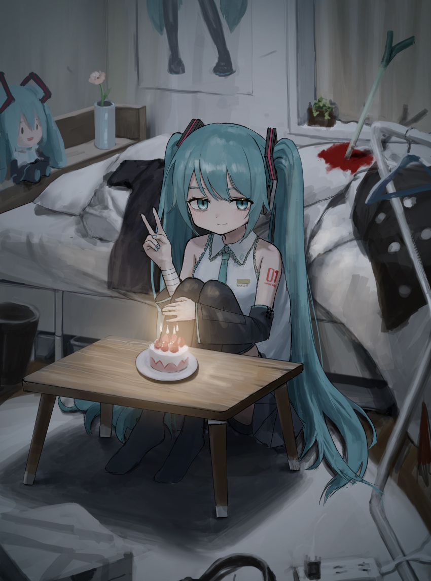 1girl absurdres aqua_eyes aqua_hair aqua_nails aqua_necktie arm_tattoo bangs bare_shoulders bed bedroom birthday_cake black_legwear blood cake character_doll clothes_hanger clothes_on_bed collared_shirt commentary detached_sleeves flower food hand_on_own_knee hatsune_miku highres horror_(theme) indoors knees_up long_hair murder nail_polish necktie on_floor plant plate poster_(object) potted_plant rug sakiika0513 shirt sitting solo spring_onion stuffed_toy table tattoo thighhighs twintails v vocaloid white_shirt