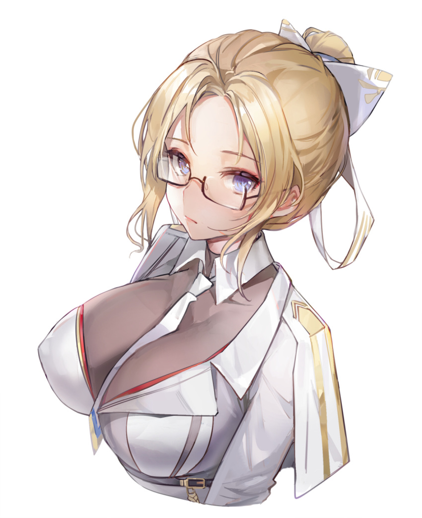 1girl between_breasts blonde_hair blue_eyes bodystocking breasts character_request chinese_commentary closed_mouth commentary_request cropped_torso detached_collar expressionless glasses hair_ribbon highres jacket kuza_brs large_breasts looking_at_viewer necktie necktie_between_breasts ribbon short_hair sidelocks simple_background solo upper_body warship_girls_r white_background white_jacket white_necktie white_ribbon