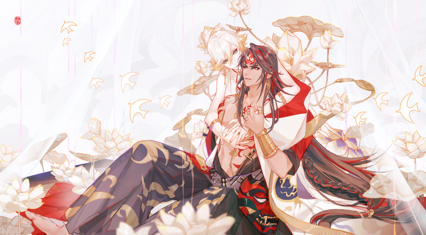 2boys absurdres asura_(onmyouji) bare_pectorals barefoot bird black_hair blonde_hair bracelet commentary_request couple curtains floating flower highres hug hug_from_behind japanese_clothes jewelry long_hair looking_at_another lotus male_focus multicolored_hair multiple_boys onmyoji pants pectorals print_pants red_eyes red_hair sitting smile streaked_hair taishakuten_(onmyouji) tattoo transparent two-tone_hair white_hair white_lotus yaoi zierland