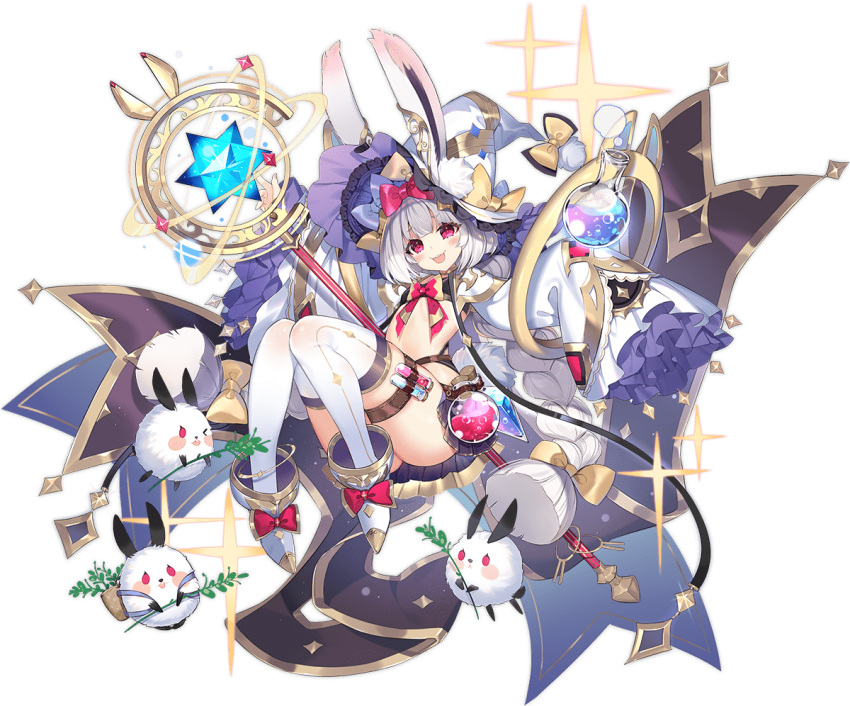 1girl :3 :d animal_ears ark_order ass bangs black_bra black_skirt blush_stickers boots bow bow_footwear bowtie bra braid buck_teeth bunny crystal flask frilled_sleeves frills full_body gold_trim hair_bow hat hat_bow hatoyama_itsuru holding holding_staff knees_together_feet_apart knees_up long_hair long_sleeves looking_at_viewer official_art pink_bow pink_bowtie pink_eyes pleated_skirt pom_pom_(clothes) rabbit_(ark_order) rabbit_ears rabbit_girl rabbit_tail skirt sleeves_past_fingers sleeves_past_wrists smile solo sparkle staff steam stellated_octahedron tachi-e tail teeth test_tube thigh_strap thighhighs transparent_background twin_braids underwear very_long_hair vial white_footwear white_hair white_headwear white_legwear white_sleeves witch_hat yellow_bow