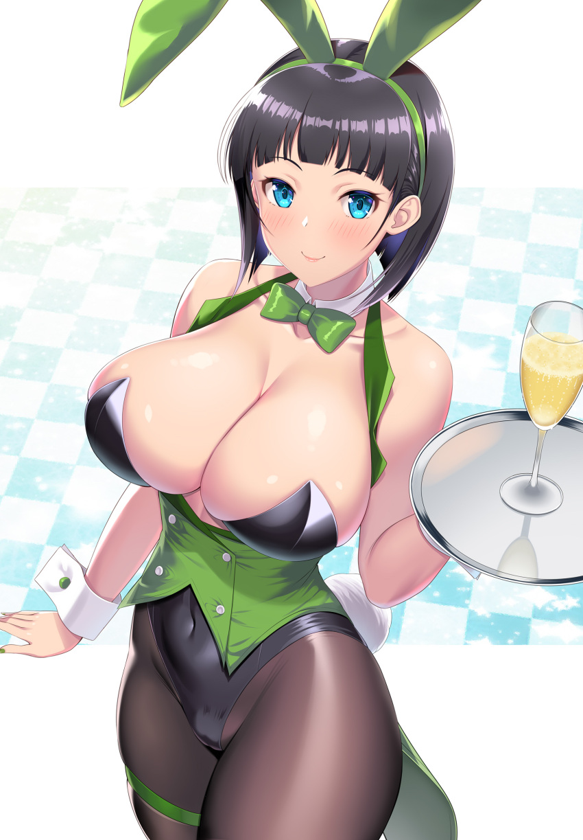 1girl animal_ears bangs black_hair black_legwear blonde_hair blush bow bowtie breasts cleavage collarbone commentary_request glass green_bow green_bowtie green_eyes green_leotard happy highres holding holding_tray kawase_seiki kirigaya_suguha large_breasts leotard long_hair looking_at_viewer navel pantyhose playboy_bunny pointy_ears rabbit_ears short_hair sketch skin_tight skindentation solo sword_art_online tray