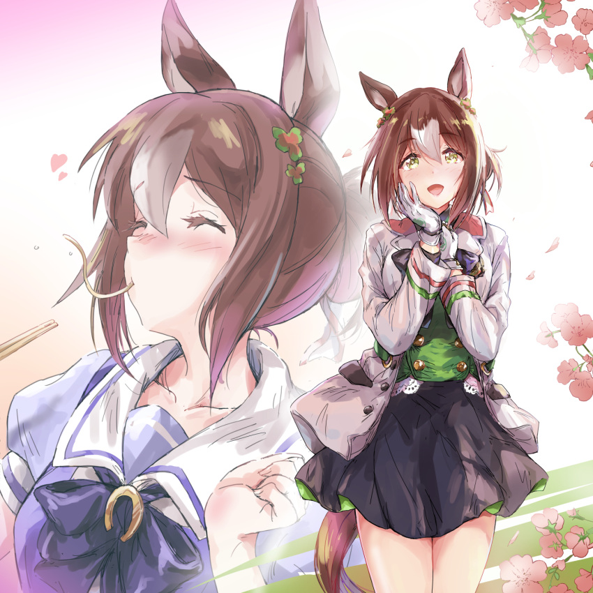 1girl :d animal_ears black_skirt blush bow brown_hair chopsticks clenched_hand clover_hair_ornament collarbone commentary_request double_horizontal_stripe eating fine_motion_(umamusume) flower food food_in_mouth green_eyes green_shirt hair_ornament hand_on_own_cheek hand_on_own_chest hand_on_own_face heart highres horse_ears horse_girl horse_tail jacket matsukura_nemu multicolored_hair multiple_views noodles petals purple_bow school_uniform serafuku shirt short_sleeves skirt smile tail tracen_school_uniform two-tone_hair umamusume white_hair white_jacket