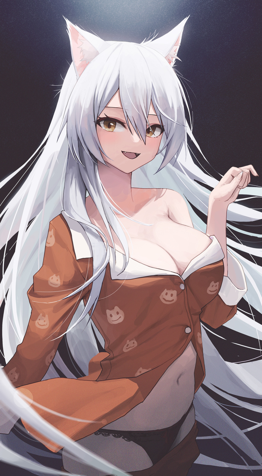 1girl absurdres animal_ear_fluff animal_ears animal_print bakemonogatari bakeneko black_hanekawa black_panties breasts cat_ears cat_girl cat_print cleavage clothes_pull commentary_request fangs gnns hanekawa_tsubasa highres large_breasts long_hair looking_at_viewer monogatari_(series) navel open_mouth pajamas panties pants pants_pull paw_pose print_pajamas smile solo underwear very_long_hair white_hair yellow_eyes