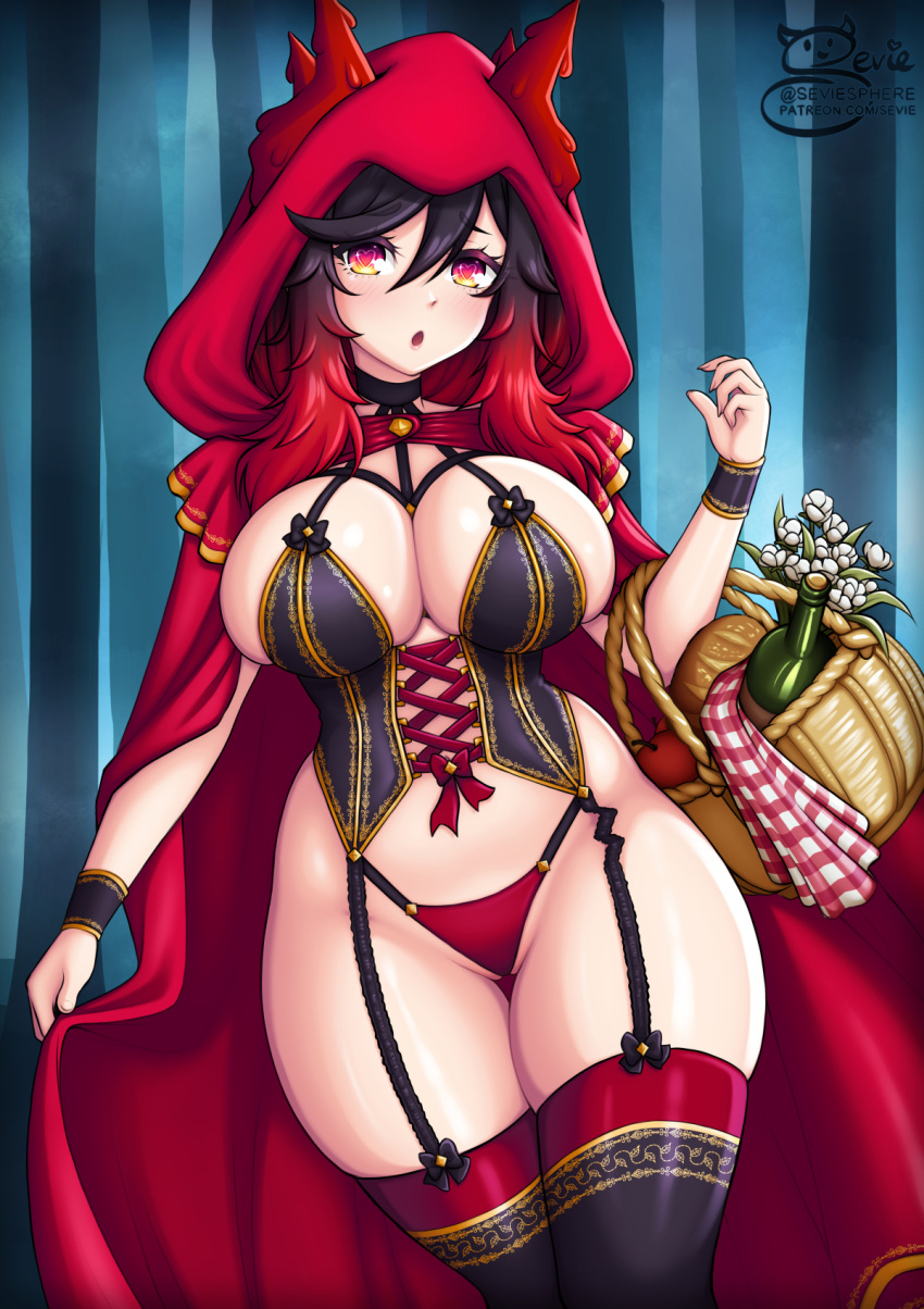 1girl bangs basket black_hair bottle bread breasts cape commentary cosplay cowboy_shot cross-laced_clothes cross-laced_top english_commentary eyebrows_visible_through_hair flower food garter_straps gradient_hair grimm's_fairy_tales hair_between_eyes highres holding holding_basket large_breasts little_red_riding_hood_(grimm) little_red_riding_hood_(grimm)_(cosplay) looking_at_viewer multicolored_eyes multicolored_hair orange_eyes original panties patreon_username red_cape red_hair red_hood sevie solo suco_(sevie) thighhighs thighs twitter_username underwear yellow_eyes