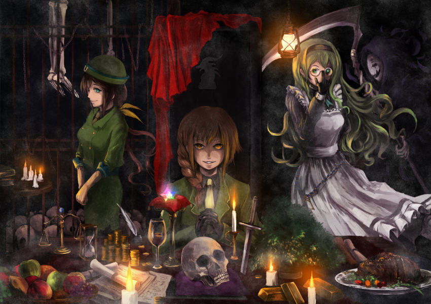 3girls adjusting_eyewear apple apron bangs black_gloves bowler_hat braid brown_hair candle chama_(painter) creator_connection cygames food frilled_apron frills fruit glasses gloves glowing glowing_eyes gold_bar gold_coin green_eyes green_hair hair_over_shoulder hairband hat hayakawa_tazuna idolmaster idolmaster_cinderella_girls inkwell karin_(princess_connect!) long_hair long_sleeves looking_at_viewer maid maid_apron multiple_girls necktie orange_eyes own_hands_clasped own_hands_together princess_connect! quill scythe senkawa_chihiro single_braid skeleton split_ponytail trait_connection umamusume very_long_hair wavy_hair white_necktie yellow_necktie