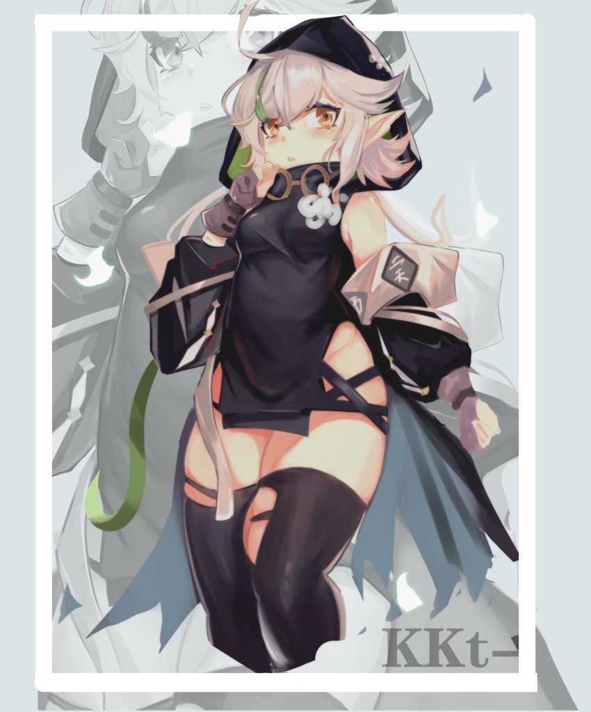 1girl absurdres ahoge arknights ayy_(25247) black_legwear black_sleeves black_tunic breasts cropped_legs detached_sleeves flower gloves goggles goggles_around_neck goggles_on_head green_hair grey_background grey_hair groin hand_up highres hood hood_up looking_at_viewer no_panties partially_fingerless_gloves pointy_ears short_hair small_breasts solo thighhighs thighs tomimi_(arknights) torn_clothes torn_legwear unfinished white_flower yellow_eyes zoom_layer