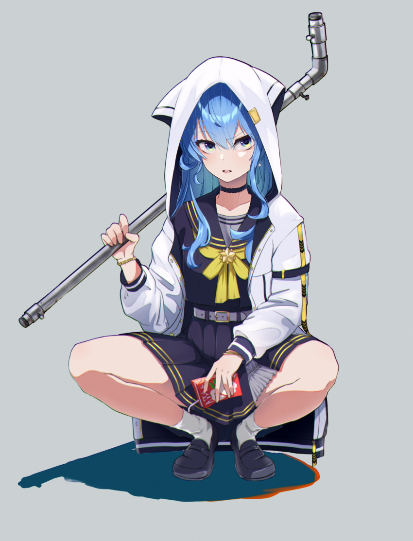 1girl absurdres armlet belt blue_hair bracelet choker coat collarbone delinquent eyelashes full_body green_eyes grey_background highres holding hololive hooded_coat hoshimachi_suisei jewelry juice_box kasoku_souchi lead_pipe loafers long_hair looking_to_the_side official_alternate_costume over_shoulder parted_lips ring school_uniform serafuku shoes sidelocks simple_background skirt solo squatting tsurime virtual_youtuber weapon weapon_over_shoulder white_coat
