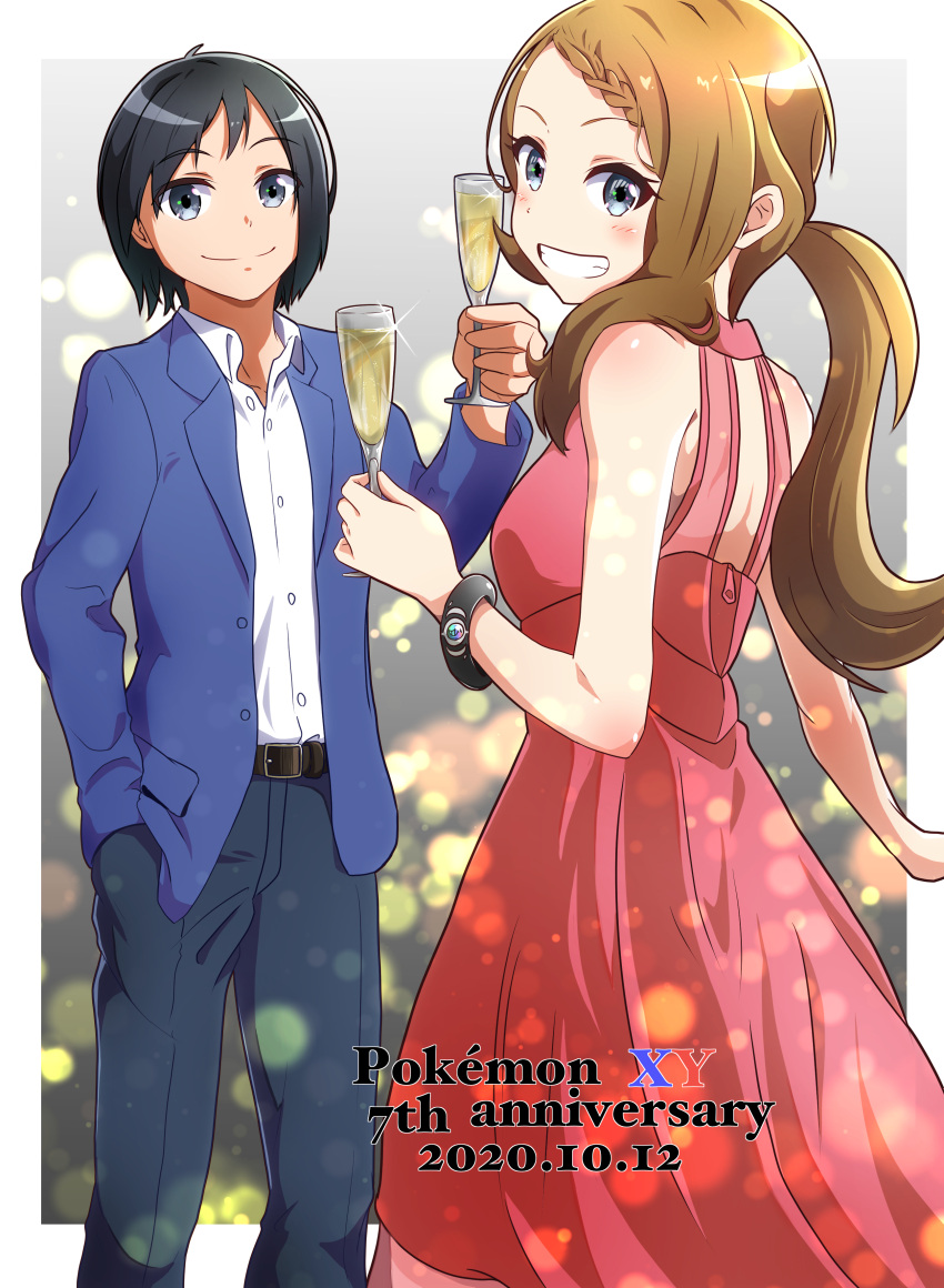 1boy 1girl absurdres alternate_costume anniversary black_hair blue_eyes blush breasts brown_hair calem_(pokemon) closed_mouth commentary_request copyright_name dated dress highres long_hair looking_at_viewer negimiso1989 pokemon pokemon_(game) pokemon_xy serena_(pokemon) smile