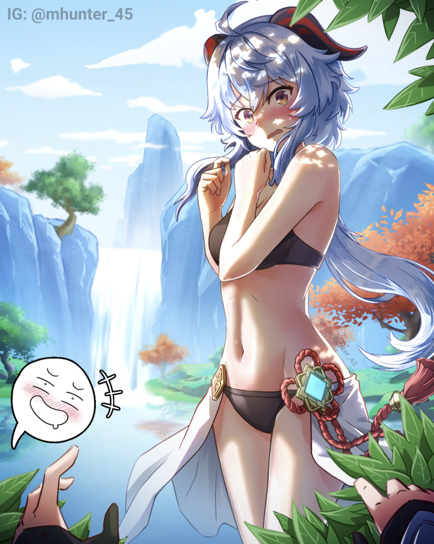 2girls :d :o ahoge alternate_costume arm_guards bangs bikini black_bikini blue_hair blue_sky blurry blush breasts brown_eyes cleavage cliff cloud cloudy_sky commentary day depth_of_field embarrassed english_commentary eyebrows_visible_through_hair ganyu_(genshin_impact) genshin_impact hair_between_eyes highres horns instagram_username long_hair looking_at_viewer lumine_(genshin_impact) mhunter_45 multiple_girls navel out_of_frame pov sidelocks sky smile spoken_expression stomach surprised swimsuit tree tree_shade vision_(genshin_impact) water waterfall