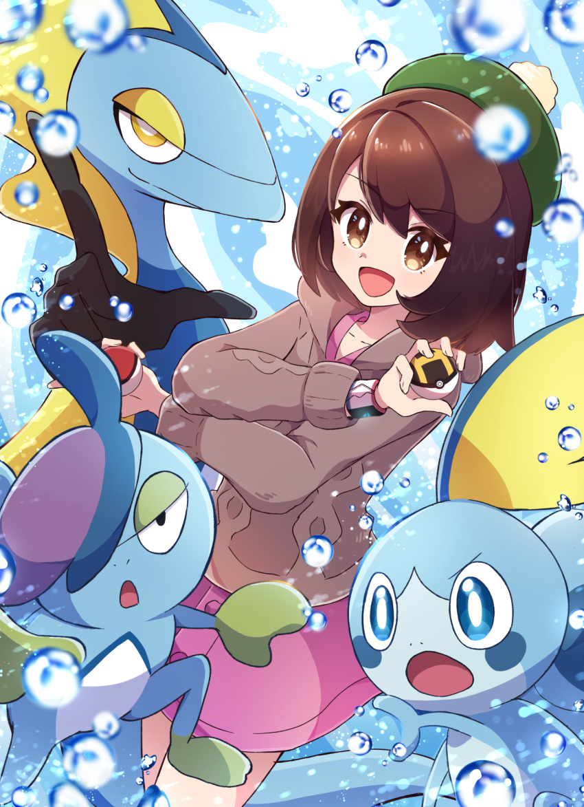 1girl :d bangs blurry bob_cut brown_eyes brown_hair cable_knit cardigan commentary_request dress drizzile evolutionary_line eyelashes gloria_(pokemon) green_headwear grey_cardigan haru_(haruxxe) hat highres holding holding_poke_ball hooded_cardigan inteleon open_mouth poke_ball poke_ball_(basic) pokemon pokemon_(creature) pokemon_(game) pokemon_swsh purple_dress short_hair smile sobble tam_o'_shanter tongue ultra_ball water_drop