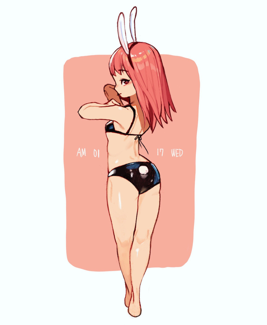 1girl arms_up ass bare_legs barefoot bikini black_bikini breasts from_behind highres long_hair original pink_background pink_hair profile rinotuna shiny_swimsuit simple_background small_breasts solo swimsuit