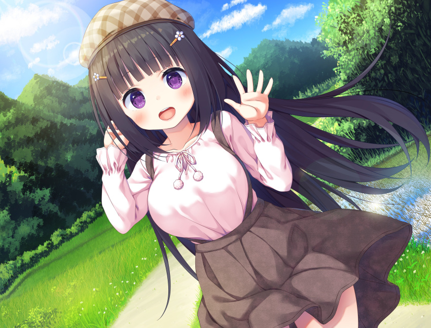 1girl :d absurdres asa_no_ha_(awayuki) bangs black_hair blue_sky blunt_bangs blush breasts brown_headwear brown_skirt cloud commentary_request cowboy_shot day dutch_angle grass hair_ornament hairclip hands_up hat highres kanojo_to_issho_no_kaerimichi large_breasts lens_flare long_hair long_sleeves looking_at_viewer mountain official_art open_mouth outdoors pink_shirt plaid_headwear purple_eyes shirt shirt_tucked_in skirt sky smile solo standing straight_hair suspender_skirt suspenders teeth tented_shirt upper_teeth urato_chiri