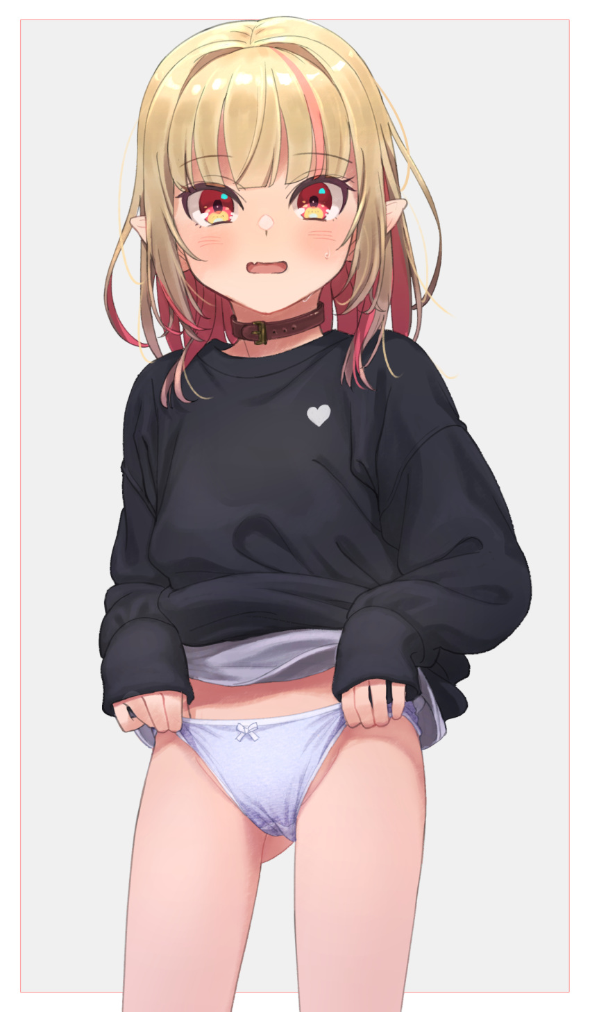 1girl ass_visible_through_thighs black_sweater blush border bow bow_panties brown_collar collar cowboy_shot eyebrows_visible_through_hair fang grey_background grey_hair grey_panties hair_down heart highres lifted_by_self long_hair looking_at_viewer makaino_ririmu multicolored_hair nijisanji no_pants open_mouth panties panty_lift pink_hair pointy_ears red_eyes sabamen simple_background skin_fang sleeves_past_wrists solo streaked_hair sweatdrop sweater two-tone_hair underwear virtual_youtuber white_border