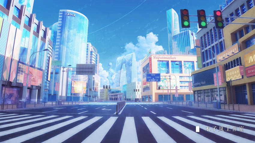 artist_name blue_sky building chinese_commentary chinese_text city cityscape cloud commentary_request crosswalk day english_text fence highres lamppost moonslanstudio no_humans original road road_sign scenery sign sky sunlight traffic_light urban window