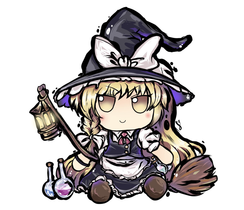 1girl apron bangs black_headwear black_skirt black_vest blonde_hair blush bow braid broom brown_footwear buttons chibi collared_shirt commentary english_commentary eyebrows_visible_through_hair flask frilled_apron frilled_skirt frills full_body fumo_(doll) hair_bow hat hat_bow highres kirisame_marisa lantern lis long_hair looking_at_viewer neck_ribbon no_nose official_style potion puffy_short_sleeves puffy_sleeves red_neckwear ribbon round-bottom_flask shirt short_sleeves signature simple_background single_braid sitting skirt skirt_set smile solo touhou touhou_gouyoku_ibun very_long_hair vest waist_apron white_apron white_background white_bow white_shirt witch_hat yellow_eyes