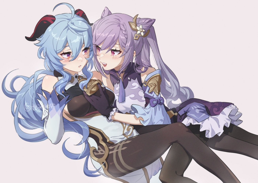 2girls ahoge bangs bare_shoulders bell black_gloves black_legwear blue_hair blush braid choker detached_sleeves double_bun dress eye_contact feet_out_of_frame flower frilled_dress frills ganyu_(genshin_impact) genshin_impact gloves grey_background hair_cones hair_flower hair_ornament hand_on_another's_chest hand_on_own_chest honlo horns keqing_(genshin_impact) long_hair looking_at_another lying multiple_girls neck_bell neck_tassel on_back on_side open_mouth orange_eyes pantyhose parted_lips ponytail purple_dress purple_hair side_braid sidelocks simple_background tassel twintails yuri