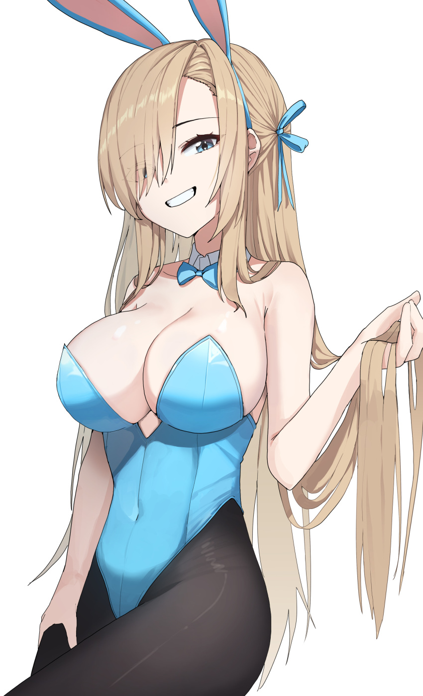 1girl absurdres animal_ears armpit_crease asuna_(blue_archive) bangs bare_shoulders black_legwear blue_archive blue_bow blue_bowtie blue_eyes blue_leotard blue_ribbon bow bowtie breasts cleavage covered_navel cowboy_shot detached_collar eyebrows_visible_through_hair eyes_visible_through_hair fake_animal_ears gnns grin hair_over_one_eye hair_ribbon hand_on_thigh highres holding holding_hair large_breasts leotard light_brown_hair long_hair pantyhose parted_bangs playboy_bunny rabbit_ears ribbon simple_background smile solo strapless strapless_leotard white_background