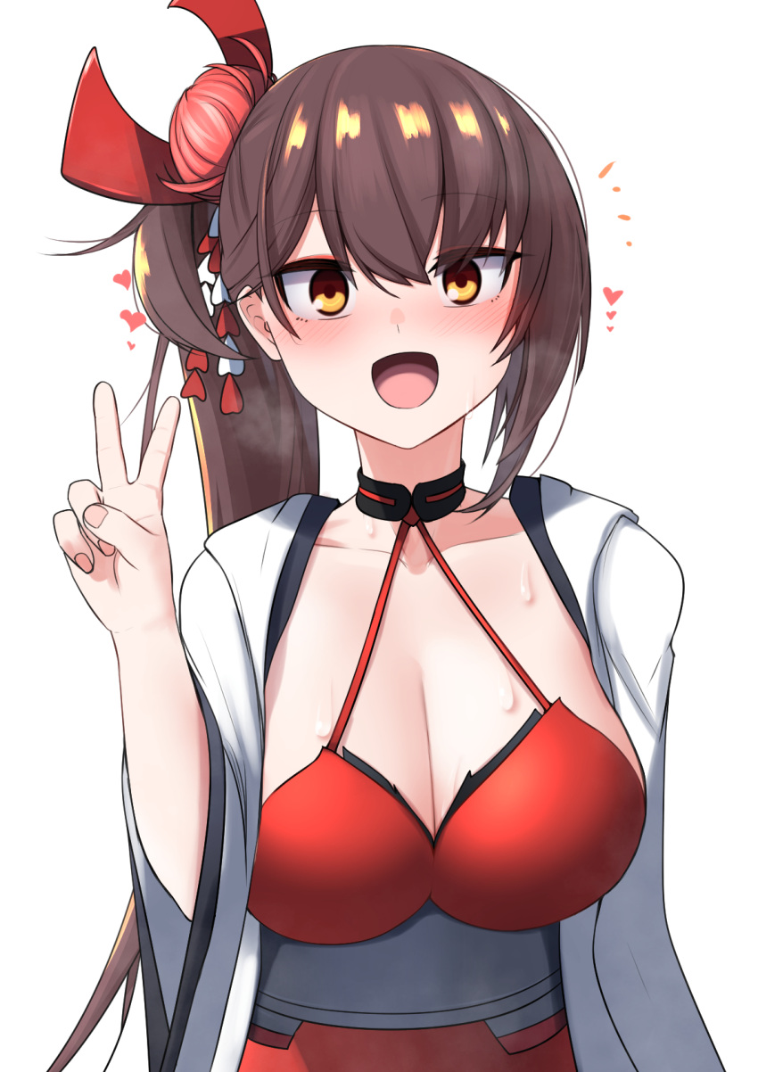 1girl :d akaoni_(zumt3548) azur_lane bangs blush breasts brown_eyes brown_hair cleavage collarbone commentary_request criss-cross_halter dress eyebrows_visible_through_hair eyeliner hair_between_eyes hair_ornament halterneck heart highres japanese_clothes kanzashi kimono large_breasts long_hair looking_at_viewer makeup notice_lines open_clothes open_kimono open_mouth ponytail psd_available red_dress side_ponytail sidelocks simple_background sleeveless sleeveless_dress smile solo standing sweat underbust upper_body v very_long_hair white_background white_kimono wide_sleeves zuikaku_(azur_lane)