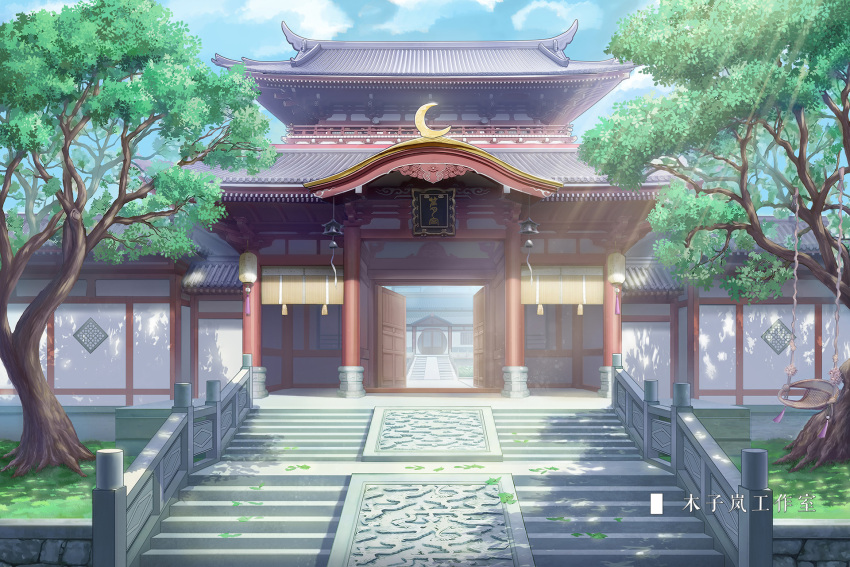 architecture blue_sky chinese_commentary chinese_text cloud commentary_request day east_asian_architecture grass highres lantern leaf moonslanstudio no_humans original plant scenery shade sign sky stairs stone_stairs sunlight swing tree
