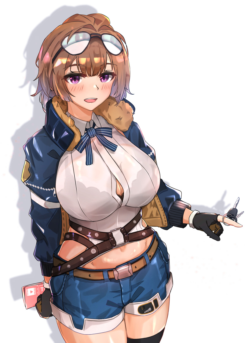 1girl absurdres aviator_sunglasses belt black_gloves blue_jacket blue_shorts breasts brown_belt brown_hair eyewear_on_head girls'_frontline gloves grizzly_mkv_(girls'_frontline) highres jacket key keyring large_breasts long_sleeves muteppona_hito open_clothes open_jacket partially_fingerless_gloves purple_eyes shirt short_hair short_shorts shorts solo sunglasses white_shirt