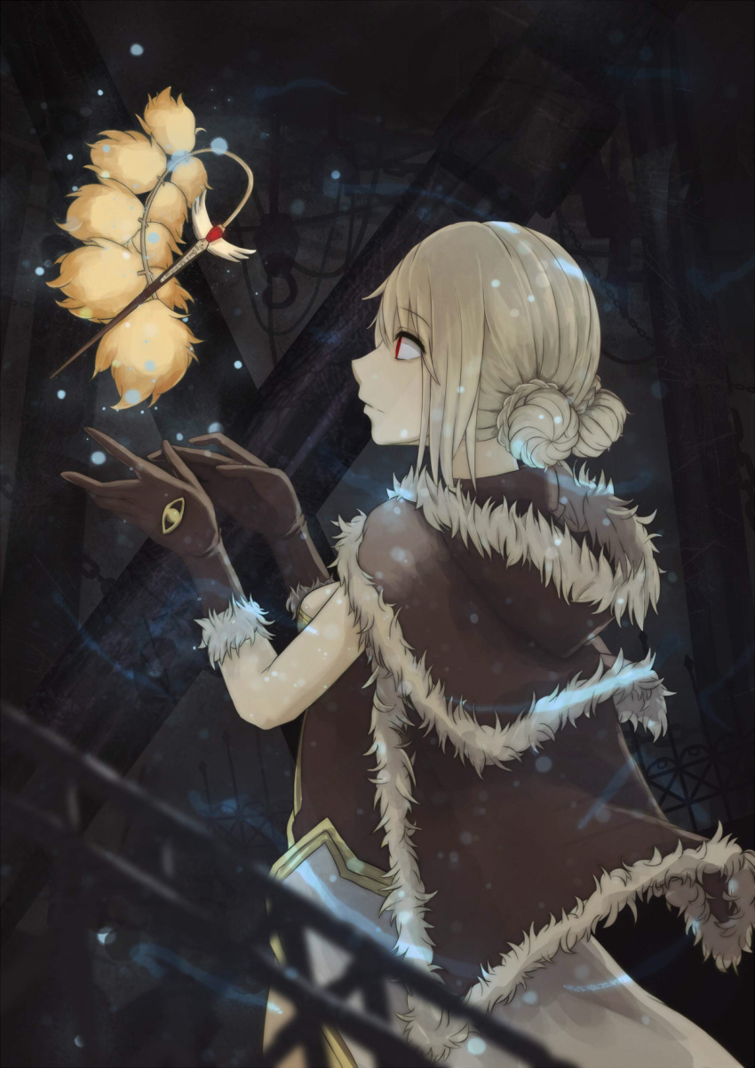 1girl bangs beeginner bio_lab blonde_hair blush breasts brown_cape brown_dress brown_gloves cape closed_mouth commentary_request cowboy_shot double_bun dress eyebrows_visible_through_hair fur-trimmed_cape fur-trimmed_gloves fur_trim gloves high_wizard_(ragnarok_online) highres kathryne_keyron layered_dress medium_breasts ragnarok_online red_eyes short_dress short_hair solo two-tone_dress wand white_dress