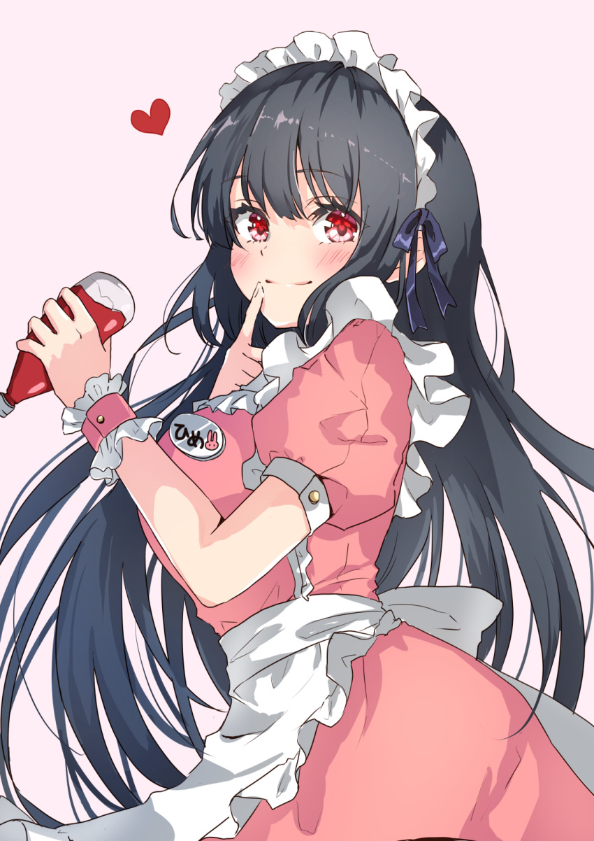 1girl alternate_costume apron bangs black_hair blush bottle breasts commentary_request cowboy_shot dress enmaided eyebrows_visible_through_hair finger_to_mouth frills from_side hands_up heart highres holding holding_bottle houraisan_kaguya large_breasts long_hair looking_at_viewer maid maid_headdress pink_background pink_dress puffy_short_sleeves puffy_sleeves red_eyes shironeko_yuuki short_sleeves simple_background solo touhou very_long_hair waist_apron white_apron white_headwear