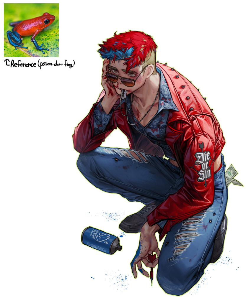 1boy blue_hair blue_pants blue_shirt collared_shirt dollar_bill english_commentary full_body highres jacket male_focus multicolored_hair original pants personification poison_dart_frog red_hair red_jacket rinotuna shirt simple_background solo spikes squatting sunglasses torn_clothes torn_pants white_background