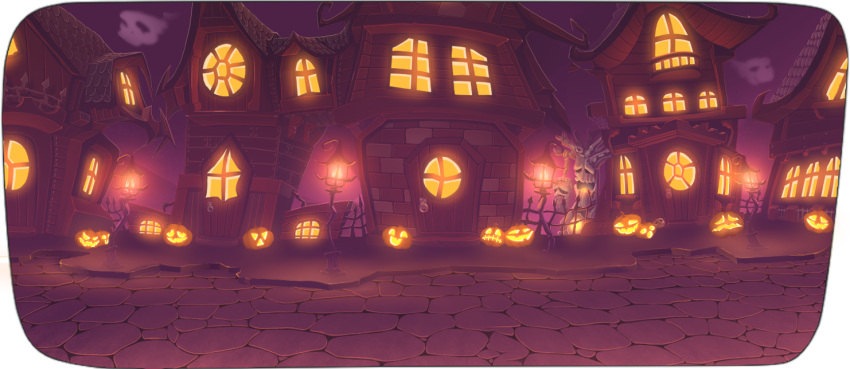 building cobblestone commentary daniel_renard door english_commentary fence gibbet halloween in-universe_location jack-o'-lantern lamppost monster no_humans pumpkin purple_sky ragnarok_online skull tree