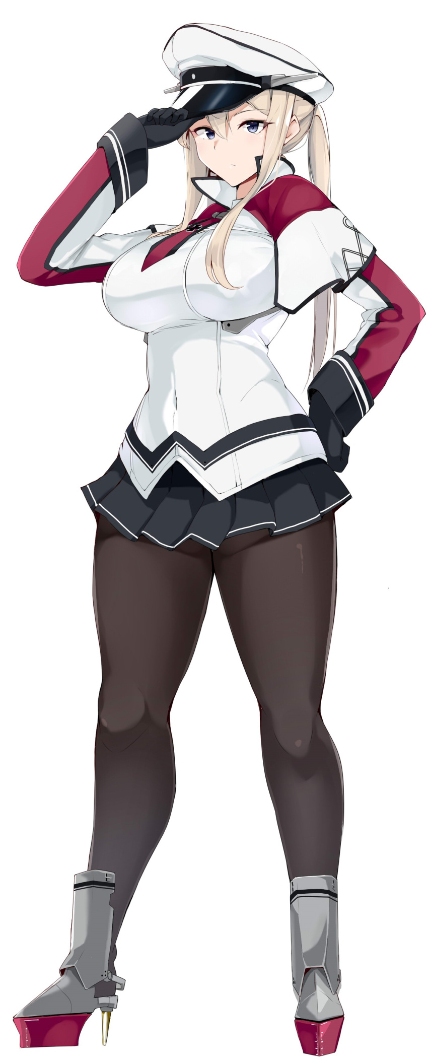 1girl absurdres black_gloves black_skirt blonde_hair breasts full_body gloves graf_zeppelin_(kancolle) hair_between_eyes hand_on_hip hat high_heels highres jacket kantai_collection large_breasts long_hair long_sleeves looking_at_viewer maruyaa_(malya1006) multicolored_clothes multicolored_jacket pantyhose peaked_cap pleated_skirt red_jacket sidelocks simple_background skirt solo standing striped striped_skirt twintails two-tone_jacket white_background white_jacket