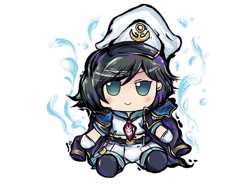 1girl anchor_hat_ornament anchor_print anchor_symbol aqua_eyes aqua_sailor_collar bangs belt black_belt black_footwear black_hair black_jacket blush chibi commentary english_commentary fumo_(doll) gloves hat hat_ornament highres hishaku jacket jacket_on_shoulders lis looking_at_viewer murasa_minamitsu neckerchief no_nose official_style outline pants red_neckerchief sailor sailor_collar sailor_hat sailor_shirt shirt short_hair signature simple_background sitting smile solo swept_bangs touhou touhou_gouyoku_ibun water white_background white_gloves white_headwear white_pants