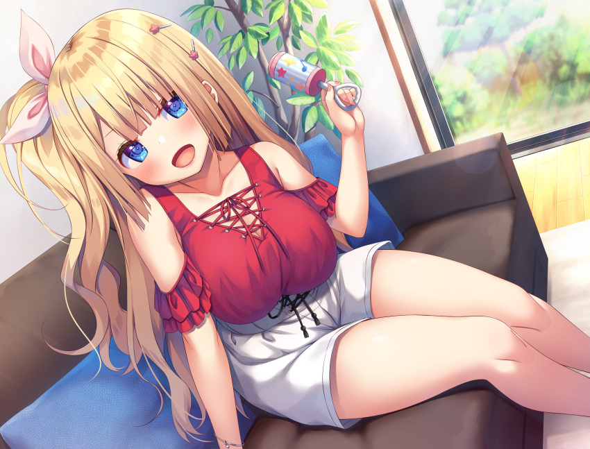 1girl :d absurdres arm_support asa_no_ha_(awayuki) bangs bare_shoulders blonde_hair blue_eyes blunt_bangs blush bow breasts cleavage clothing_cutout collarbone commentary_request couch cushion day dutch_angle eyebrows_behind_hair feet_out_of_frame hair_bow hair_ornament hairclip highres indoors large_breasts long_hair looking_at_viewer official_art one_side_up open_mouth original pillow pink_bow pink_nails plant potted_plant rattle rug shorts shoulder_cutout sitting smile solo thighs wavy_hair white_shorts window wooden_floor