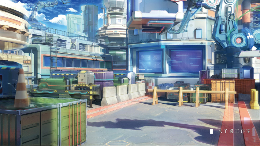 air_conditioner blue_sky building chinese_commentary chinese_text cloud commentary_request crate day highres holographic_interface industrial machine moonslanstudio no_humans original picking_up scenery science_fiction shade sky sunlight
