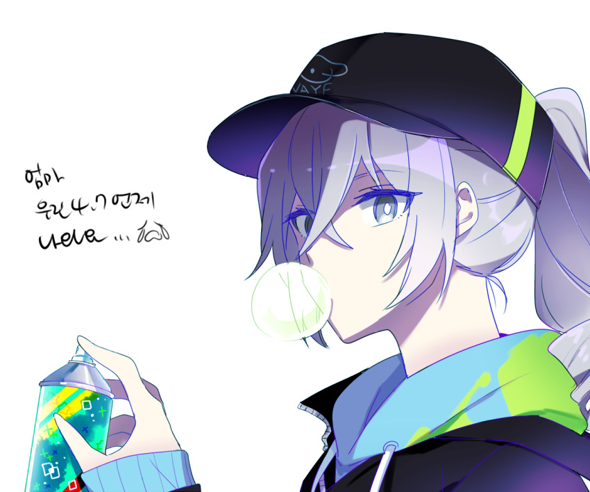 1girl 6_(yuchae) bangs baseball_cap black_jacket bronya_zaychik bubble_blowing chewing_gum drill_hair grey_eyes grey_hair hair_between_eyes hat holding honkai_(series) honkai_impact_3rd jacket long_sleeves looking_at_viewer ponytail simple_background solo spray_paint white_background