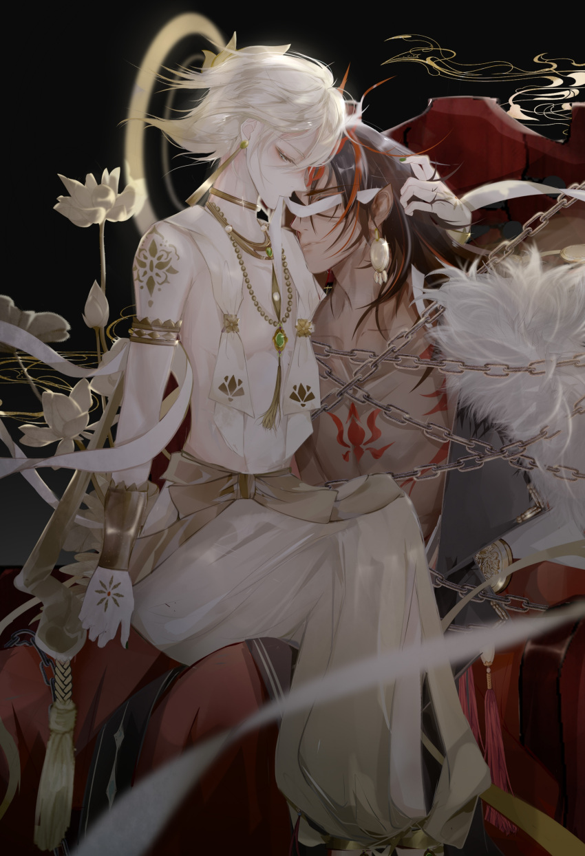 2boys absurdres asura_(onmyouji) bandages black_hair blonde_hair commentary_request couple floating flower from_side green_eyes highres japanese_clothes jewelry long_hair male_focus meijiudaren multicolored_hair multiple_boys onmyoji profile red_eyes sitting sitting_on_person taishakuten_(onmyouji) two-tone_hair white_hair yaoi zierland