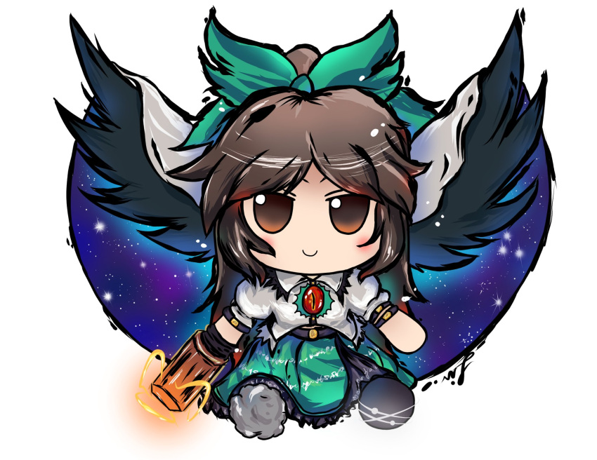 1girl arm_cannon armband asymmetrical_footwear bangs belt bird_wings black_wings blush bow brown_eyes brown_hair cape chibi collared_shirt commentary english_commentary frilled_skirt frills full_body fumo_(doll) green_bow green_skirt grey_footwear hair_bow highres lis long_hair looking_at_viewer mismatched_footwear no_nose official_style parted_bangs puffy_short_sleeves puffy_sleeves reiuji_utsuho shirt shoes short_sleeves signature simple_background single_shoe sitting skirt smile solo starry_sky_print third_eye touhou touhou_gouyoku_ibun weapon white_background white_cape white_shirt wings