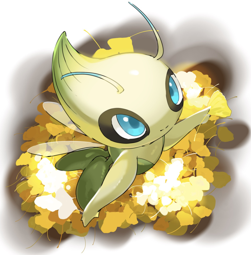 blue_eyes celebi closed_mouth commentary_request flying full_body highres leaf looking_up mian_(3zandora) no_humans pokemon pokemon_(creature) smile split_mouth