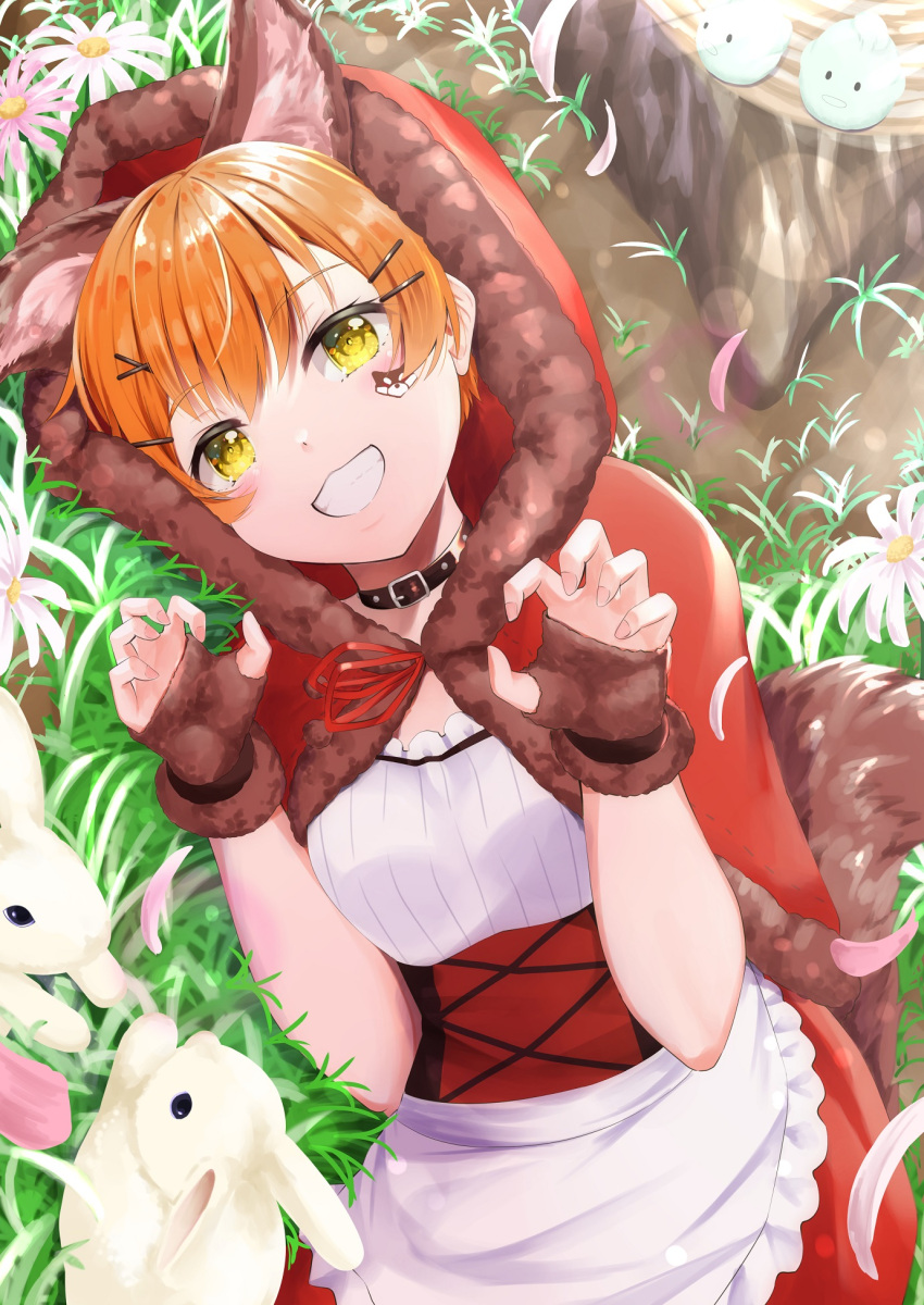 1girl animal_ear_fluff animal_ears apron bangs black_choker blush brown_gloves buckle bunny capelet choker claw_pose commentary cowboy_shot dirt facial_tattoo fingerless_gloves fur-trimmed_capelet fur_gloves fur_trim gloves grass hair_ornament hairclip hands_up hayaoki_(asagi-iro_seishun-bu) high-waist_skirt highres hood hooded_capelet hoshizora_rin looking_at_viewer love_live! on_ground open_mouth orange_hair outdoors red_hood red_skirt short_hair sidelocks skirt smile solo_focus sweater tail tattoo tree_trunk white_apron white_sweater yellow_eyes