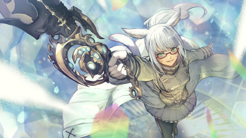 1girl animal_ears arm_up avatar_(ffxiv) black_legwear cape cat_ears closed_mouth commentary_request commission facial_mark final_fantasy final_fantasy_xiv foreshortening from_above glasses green_eyes grey_cape grey_jacket grey_skirt gunblade gunbreaker_(final_fantasy) hide_(hideout) holding holding_sword holding_weapon jacket long_hair long_sleeves looking_at_viewer miqo'te outstretched_arm pantyhose ponytail red-framed_eyewear semi-rimless_eyewear skeb_commission skirt smile solo standing sword under-rim_eyewear waist_cape weapon whisker_markings white_hair