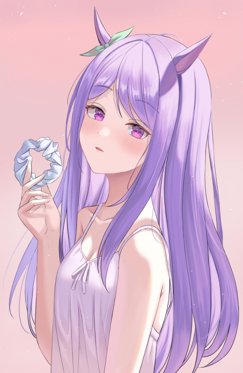 1girl animal_ears blush chemise ear_ribbon eyebrows_visible_through_hair from_side head_tilt highres horse_ears horse_girl horse_tail long_hair looking_at_viewer mejiro_mcqueen_(umamusume) nightgown purple_eyes purple_hair sayon1229 scrunchie_removed solo tail umamusume upper_body waking_up