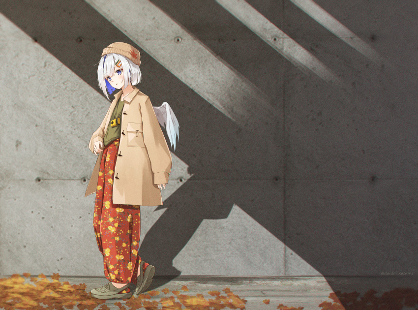 1girl absurdres amane_kanata angel_wings autumn_leaves bangs blue_eyes blue_hair blush brown_headwear brown_jacket camera_around_neck colored_inner_hair commentary_request daidai_(daidai826) eyebrows_visible_through_hair eyes_visible_through_hair green_shirt grey_footwear hair_ornament hairclip hat highres hololive jacket long_sleeves looking_at_viewer multicolored_hair open_clothes open_jacket pants parted_lips print_pants red_pants shirt shoes short_hair sleeves_past_wrists solo standing virtual_youtuber white_hair wide_shot wings