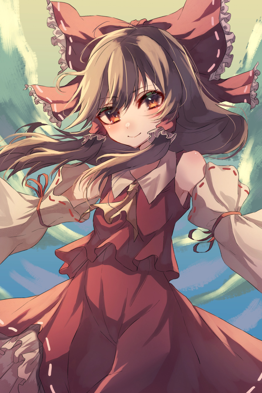 1girl absurdres ascot bangs bare_shoulders blue_background bow brown_hair closed_mouth collar collared_dress detached_sleeves dress eyes_visible_through_hair green_background hair_between_eyes hair_ornament hair_tubes hakurei_reimu highres katsukare long_sleeves looking_at_viewer multicolored_background orange_eyes red_bow red_dress ribbon-trimmed_sleeves ribbon_trim short_hair smile solo touhou wide_sleeves yellow_ascot yellow_background