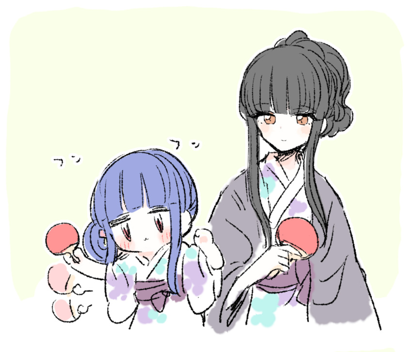 2girls black_hair blue_hair brown_eyes cabocha8 hime_cut idolmaster idolmaster_cinderella_girls idolmaster_cinderella_girls_starlight_stage japanese_clothes kimono kurokawa_chiaki multiple_girls paddle sajo_yukimi sidelocks table_tennis_paddle tied_hair