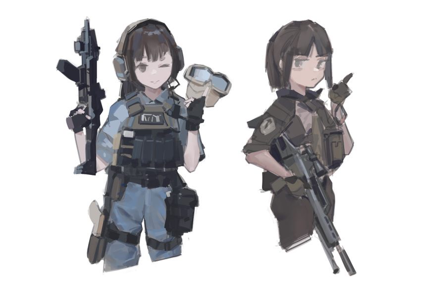 2girls absurdres assault_rifle black_gloves blue_pants blue_shirt brown_eyes brown_gloves brown_hair brown_pants closed_mouth commentary cowboy_shot cropped_legs cz_scorpion_evo_3 english_commentary fingerless_gloves gloves goggles goggles_removed gun h&amp;k_g36 hand_up hands_up headset highres holding holding_gun holding_weapon holster load_bearing_vest long_hair looking_at_viewer multiple_girls one-eyed original pants ponytail rifle shirt simple_background sleeves_rolled_up smile tactical_clothes thigh_holster weapon white_background zygocactus