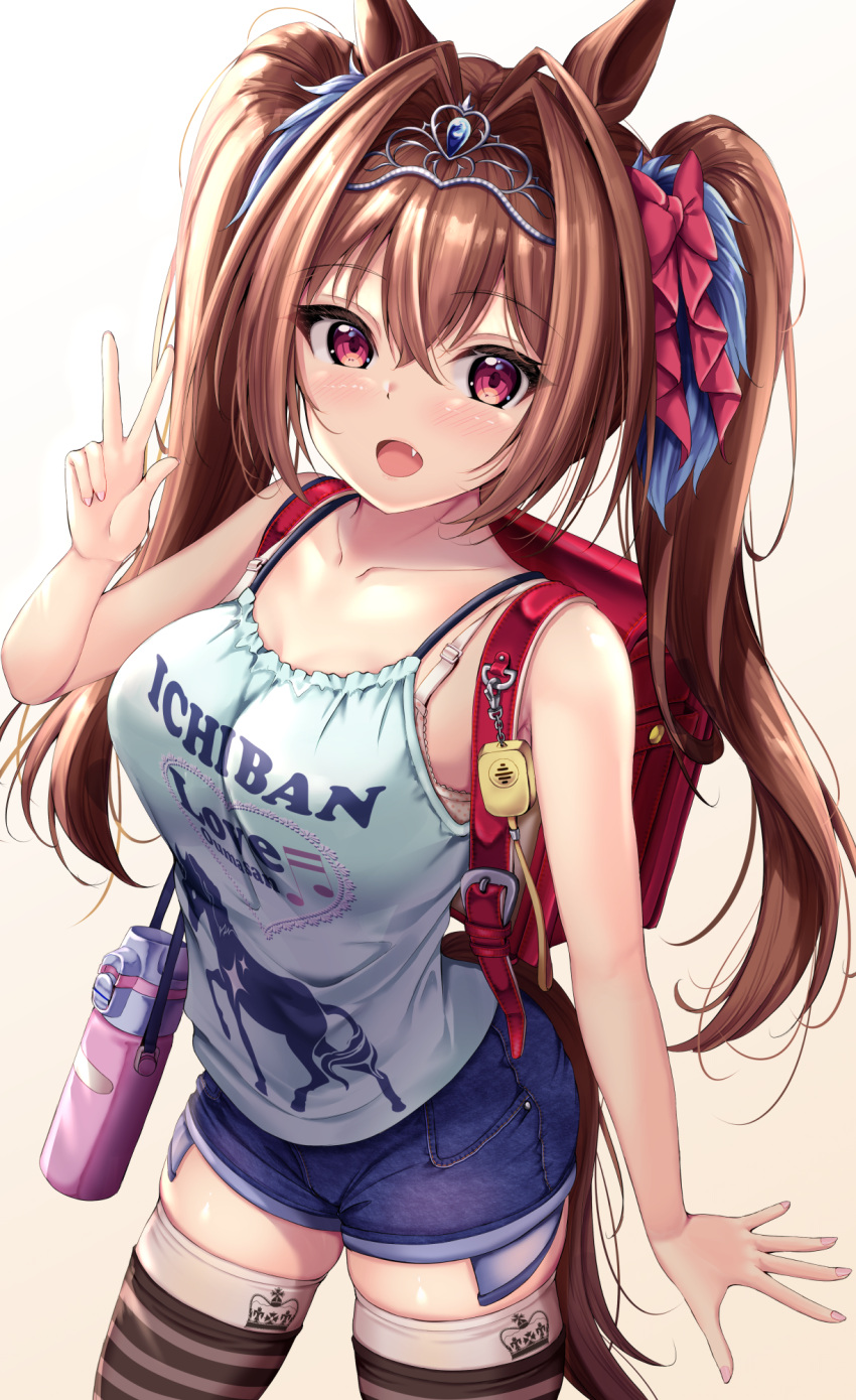 1girl animal_ears backpack bag bangs bare_shoulders blush bra breasts brown_hair cleavage collarbone crime_prevention_buzzer daiwa_scarlet_(umamusume) exposed_pocket fang fukuda_shuushi highres horse_ears horse_girl horse_tail large_breasts long_hair looking_at_viewer open_mouth randoseru red_eyes smile solo tail thighs tiara twintails umamusume underwear v very_long_hair younger