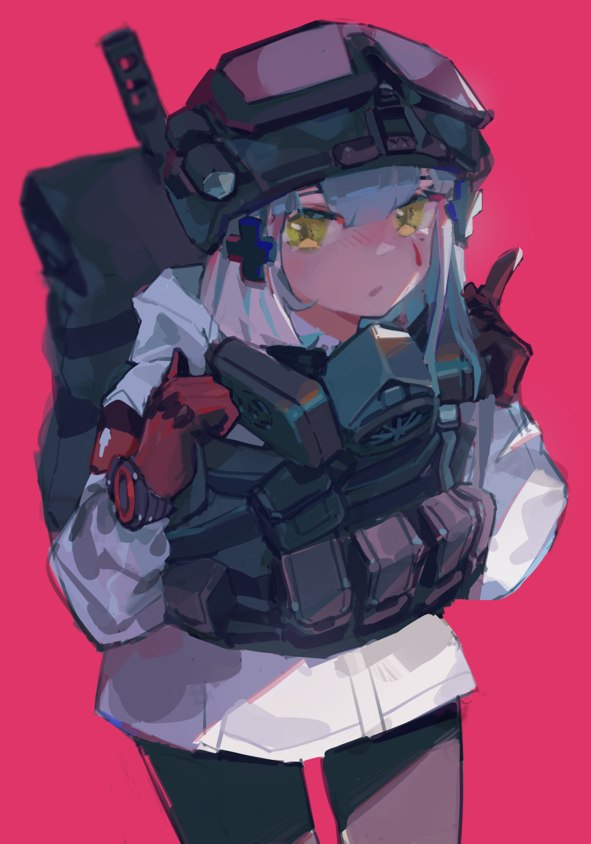 1girl absurdres backpack bag black_legwear blue_hair chinese_commentary commentary_request cowboy_shot girls'_frontline gloves goggles goggles_on_headwear hair_ornament helmet highres hk416_(fang)_(girls'_frontline) hk416_(girls'_frontline) jacket light_blush load_bearing_vest long_hair looking_at_viewer mask mask_around_neck pantyhose parted_lips pink_background red_gloves respirator simple_background solo tactical_clothes teardrop_facial_mark tom_clancy's_the_division watch white_jacket wristwatch x_hair_ornament yellow_eyes zygocactus