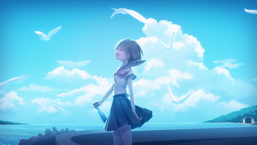 1girl bird blue_sky bottle brown_hair closed_eyes day from_side highres holding holding_bottle open_mouth original outdoors pleated_skirt ramune sakakidani school_uniform serafuku short_hair skirt sky solo standing summer water wind