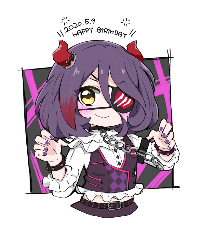 1girl bangs black_collar black_vest blush bracelet chain chibi closed_mouth collar commentary_request cropped_torso dated eyebrows_visible_through_hair eyepatch frilled_shirt frills hair_between_eyes happy_birthday hayasaka_mirei highres hitomiz horns idolmaster idolmaster_cinderella_girls jewelry long_sleeves looking_at_viewer multicolored_hair nail_polish purple_hair purple_nails red_hair shirt smile solo spiked_bracelet spikes two-tone_hair upper_body vest white_background white_shirt yellow_eyes